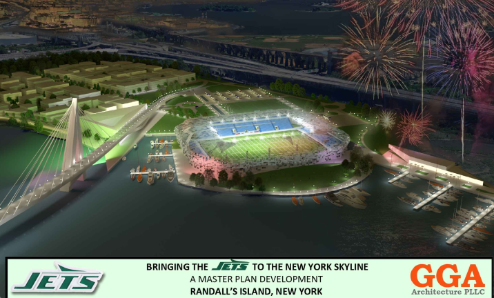 Here is what a Jets stadium on Randall’s Island, in the shadow of the Robert F. Kennedy Bridge (aka the Tri-Borough Bridge) would look like.
