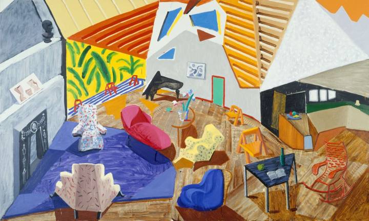 David Hockney, "Large Interior, Los Angeles." 1988, oil, ink on cut-and-pasted paper, on canvas. The Metropolitan Museum of Art, New York. Purchase, Natasha Gelman Gift, in honor of William S. Lieberman, 1988. © David Hockney