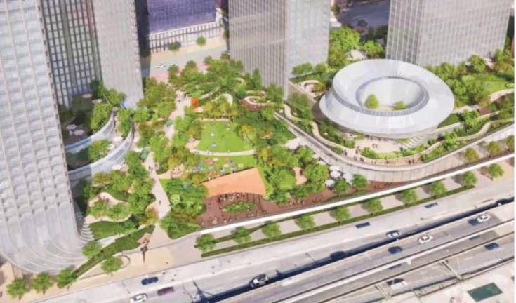 An artist rendering of the apartment complexes, five acres of parks, and underground casino that Soloviev Group hopes to build near the United Nations.