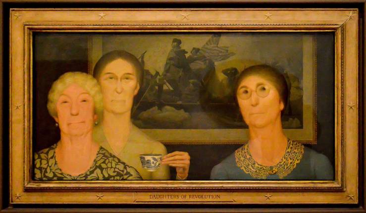 &quot;Daughters of Revolution,&quot; 1932, from the Cincinnati Art Museum. While Grant Wood was often circumspect as to meaning, he admitted this was probably his most satirical painting. Photo: Adel Gorgy
