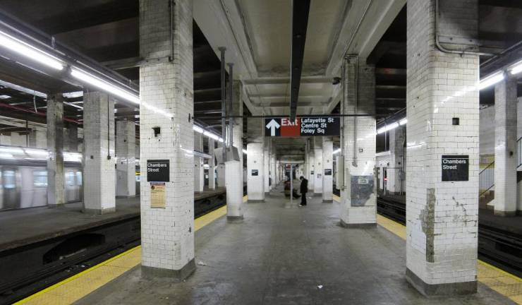 The Chambers St. subway station (BMT Nassau Street Line). Manhattan DA Alvin Bragg has announced an indictment for a robbery and attempted rape in June on a northbound J train at the stop.
