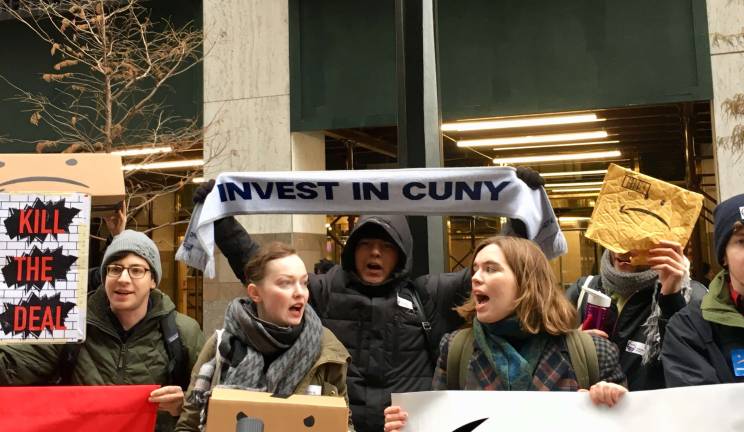 CUNY students hold signs and chant against Amazon’s proposed move to Queens. Photo: Orla McCaffrey