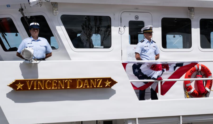 Crew members at the dedication of US Coast Guard Cutter Vincent Danz during the ships commissioning ceremony at Pier 86 near at Intrepid Museum in New York on Friday, May 22.