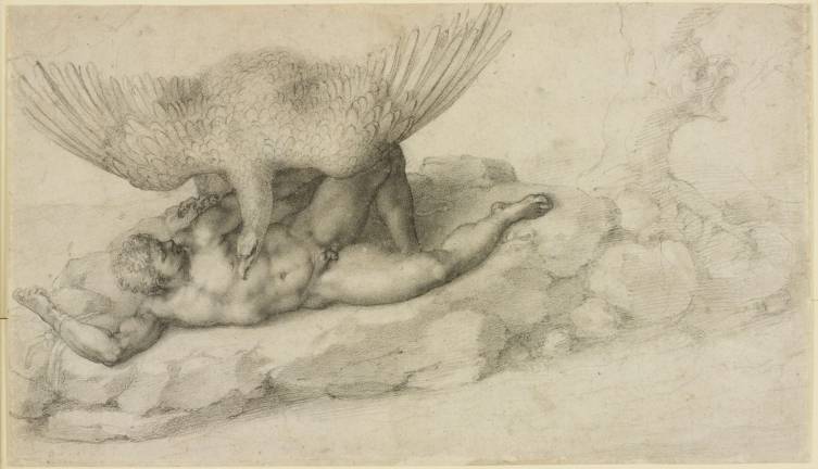 Michelangelo Buonarroti (Italian, Caprese 1475–1564 Rome). “Tityos (recto); Sketches for a Resurrection of Christ (verso).” Drawing. Ca. 1530–32. Black chalk; sheet: 7 1/2 x 13 in. Lent by Her Majesty Queen Elizabeth II (RCIN 12771). ROYAL COLLECTION TRUST/© HER MAJESTY QUEEN ELIZABETH II 2017. www.royalcollection.org.uk"www.royalcollection.org.uk