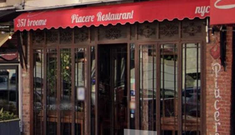 Piacere, a restaurant at 351 Broome St. The sidewalk in front of the establishment became a crime scene on August 1, after a man fleeing arrest in a minivan with stolen plates slammed into a 66 year-old woman.