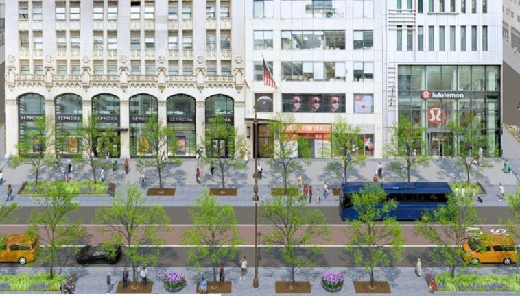 The new budget proposal from Eric Adams includes $250 million earmarked for the Fifth Avenue of the Future project to turn the stretch between Bryant Park and Central Park into a pedestrian-friendly boulevard.