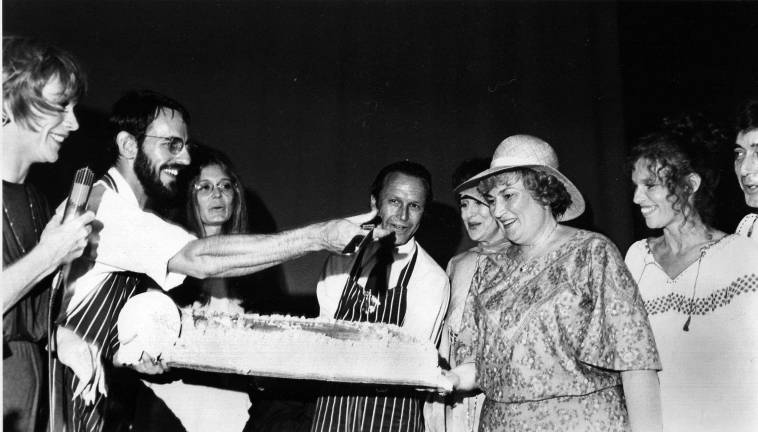 Bella Abzug celebrates her 57th birthday at Studio 54 in July 1977. Helping her blow out the candles, among others at the party, are Shirley MacLaine (at left) and Gloria Steinem (center.) Photo: Copyright © Diana Mara Henry / www.dianamarahenry.com" www.dianamarahenry.com