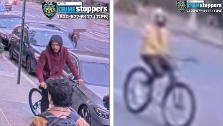 A second suspect, right, can be seen here in a yellow hoodie, riding a bicycle. It is unclear which suspect assaulted the 45-year-old man on the evening of Oct. 16 on the Upper West Side. Police are seeking information from the public.