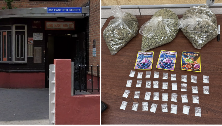 Left: 890 East 6th Street building at Lilian Wald Houses NYCHA; Right: Illegal drugs sold in Washington Sq.