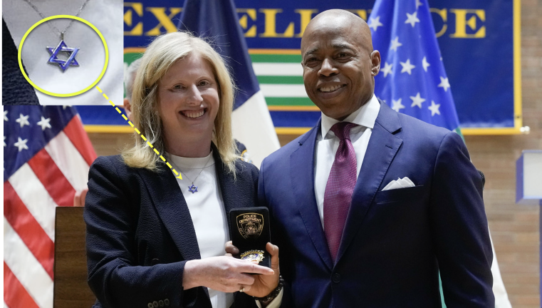 New York City Mayor Eric Adams swears in Jessica Tisch as the next commissioner of the New York City Police Department on Nov. 25, 2024. Tisch, a billionaire heiress, is a well-known philanthropist for Jewish causes who often wears a Star of David at public appearances.