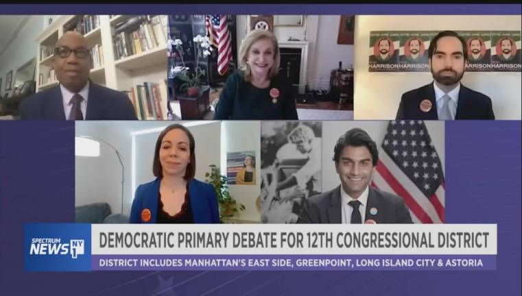 Screenshot of NY1 primary debate with (clockwise from top left) moderator Errol Louis, Rep. Carolyn Maloney, Peter Harrison, Suraj Patel and Lauren Ashcraft.