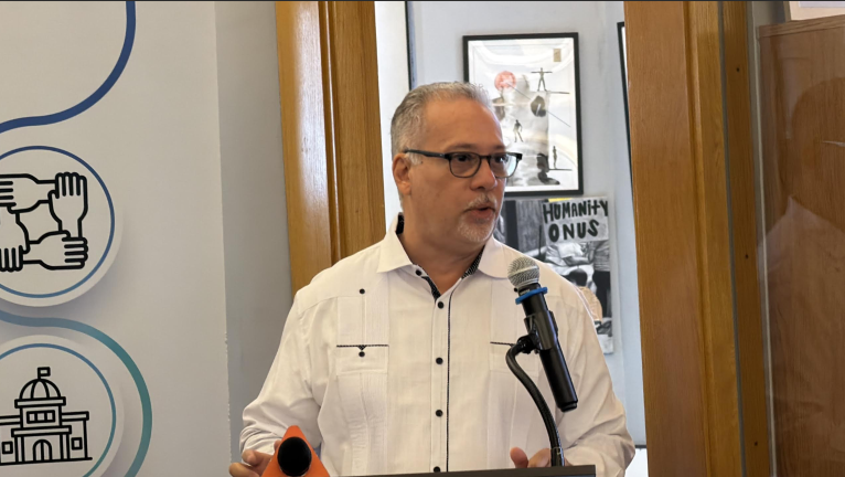 Dr. Aldrin Bonilla, executive vice president at the Fund for the City of New York, details the early findings of the “True Cost of Living” report during a press conference at the FCNY’s offices in Lower Manhattan.