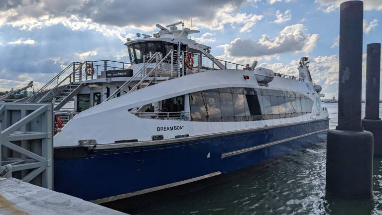 The NYC Ferry Dream Boat at rest in Brooklyn, ready to make another run to Manhattan.