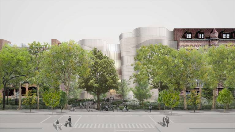 The proposed facade concept of the new building from 79th Street and Columbus Avenue shows a redesigned section of Theodore Roosevelt Park. Courtesy of Studio Gang Architects.