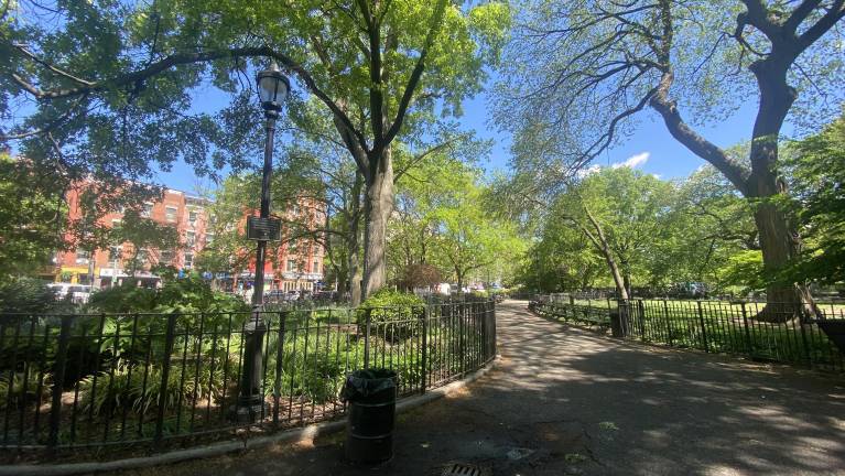 This is the path through Tompkins SquarePark in the East Village. A park-goer spotted a man netting pigeons near Avenue A and East 8th Street early on the morning of April 30. The individual was subsequently arrested and charged with animal cruelty, and police added felony assault charges for an earlier incident in Brooklyn in 2021.