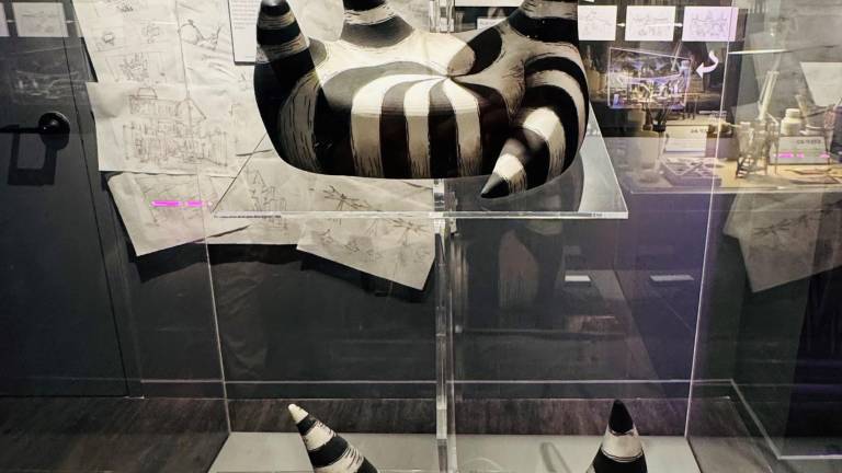 David Korins’s renderings for the musical <i>BeetleJuice </i>in <i>Stages of Imagination</i> at the Museum of Broadway.