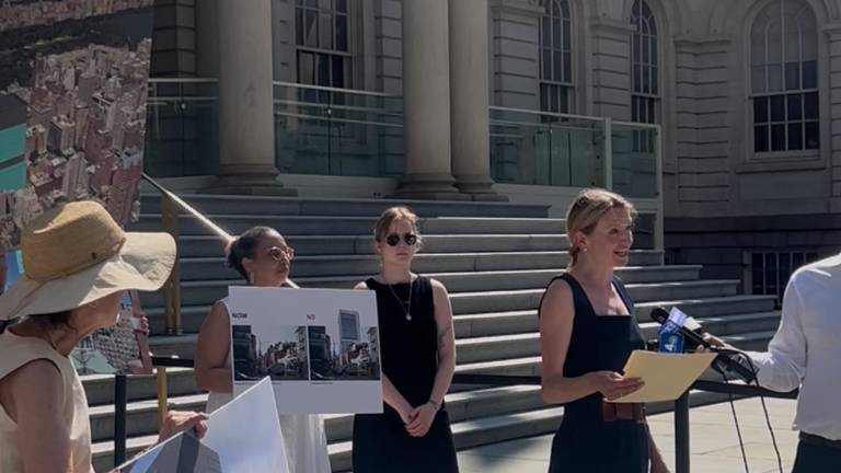 Virginia Maloney, who just won the Democratic primary for an East Side City Council seat, voicing her concerns about Lenox Hill Hospital’s proposed expansion.