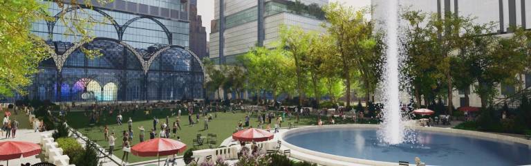 The Penn Station envisioned by Grand Penn Community Alliance features a park-like grassy area outside, similar to Bryant Park, and an outdoor fountain.