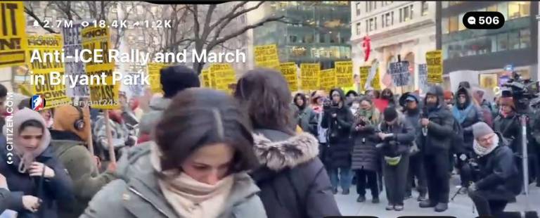 An anti-ICE protest at Bryant Park in Manhattan three days after Renee Good was shot and killed by ICE agent Jonathan Ross in Minneapolis on Jan. 7. The shooting has fueled anti-ICE protests.