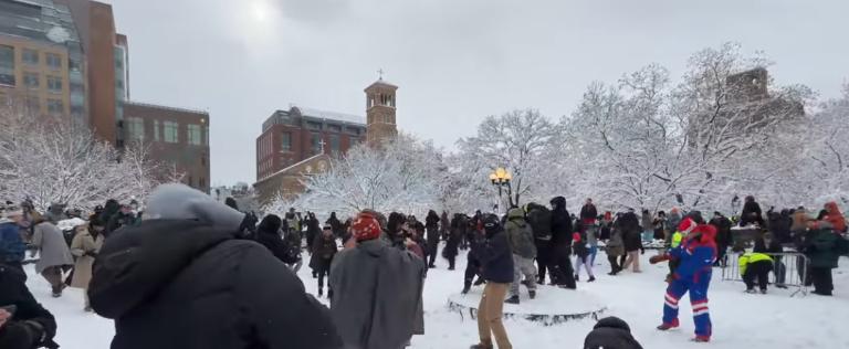 Massive snowball fights erupted in Washington Square Park on the afternoon of Feb. 23.