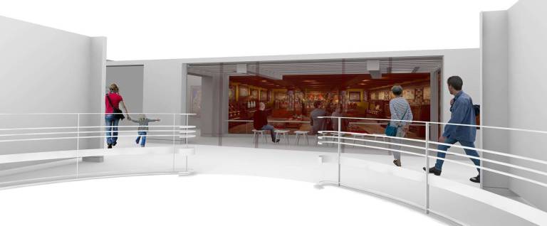 The new shrine room, shown in this mockup, will include seating and a retractable wall.