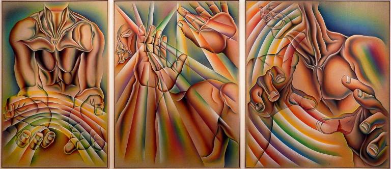 Judy Chicago’s monumental triptych spans more than 20 feet in her Salon 94 exhibition “PowerPlay: A Prediction. “Rainbow Man,” 1984. Sprayed acrylic and oil on Belgian linen, 108 x 252 inches. Photo: Adel Gorgy.