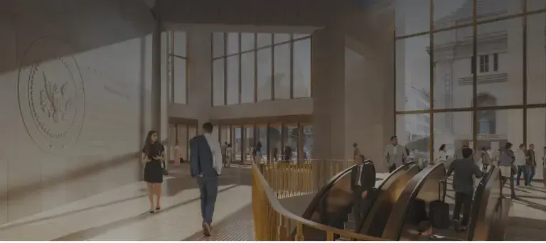 Inside view of the proposed new Penn Station shows a Presidential Seal with the name President Donald Trump prominently displayed