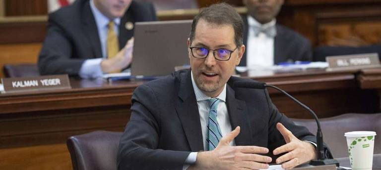 West Side City Council Member Mark Levine at a recent hearing of the Housing and Buildings Committee. He sounded the alarm about the frightening prospect of evictions of the poor from federally subsidized housing during the government shutdown. Photo courtesy of Mark Levine's office.