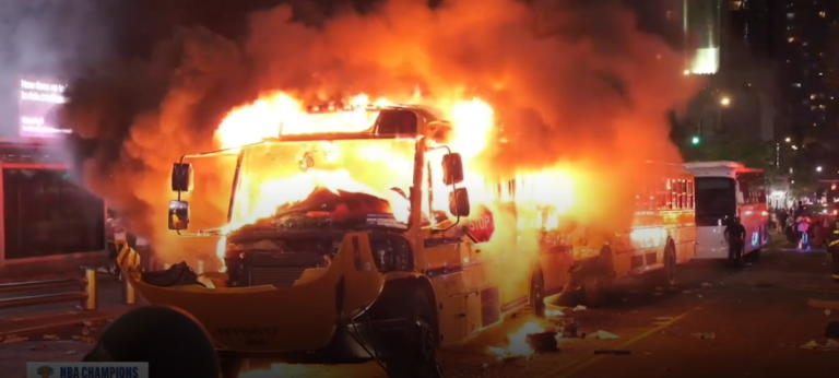 A school bus was set on fire by fans celebrating the Knicks victory of the San Antonio Spurs on June 13.