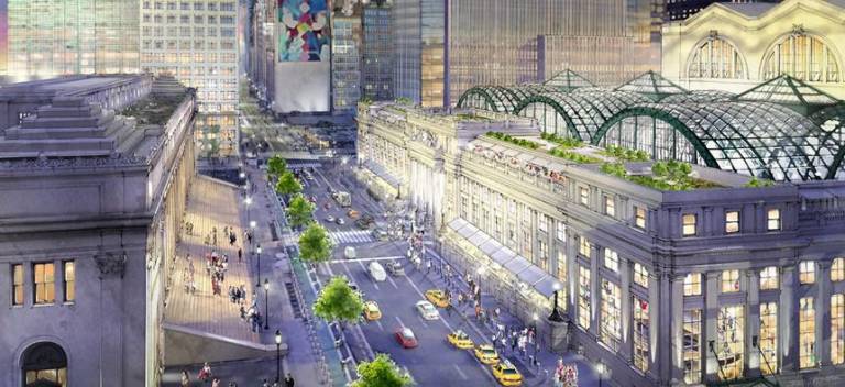 ReThink Penn Station NYC proposes to rebuild more rather than less of the original Penn Station, including the Eighth Avenue Train Concourse and mid-block Main Waiting Room, retrofitted for today’s capacity needs and technologies. Rendering by Jeff Stikeman (Penn Design Modifications by Richard Cameron)