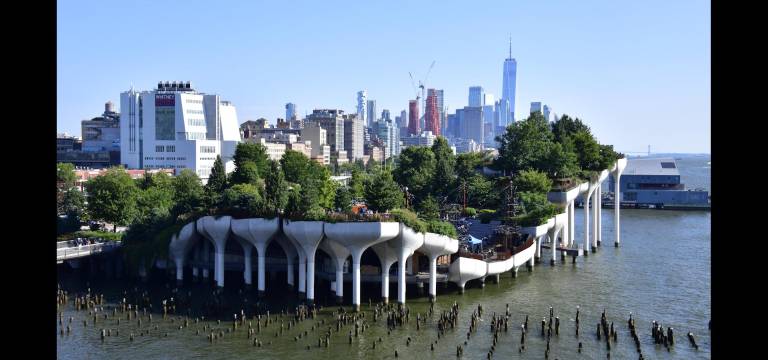 Spectacular view of Little Island and One World from Pier 57.