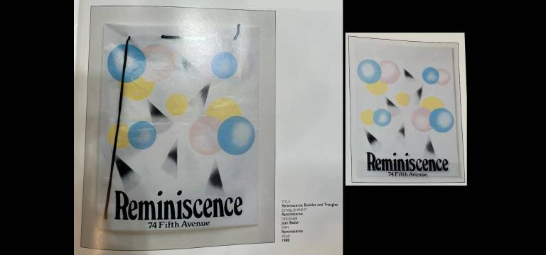 Bubbles and Triangles–A design by Reminiscence manager Joan Bedor. On the left is the much sought-after drawstring “banana bag.” Joan’s original artwork is on the right.