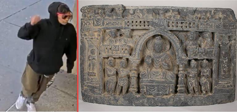 Left: Wanted for robbery of Lululemon. Right: “Buddha and Attendants” frieze returned to Pakistan.