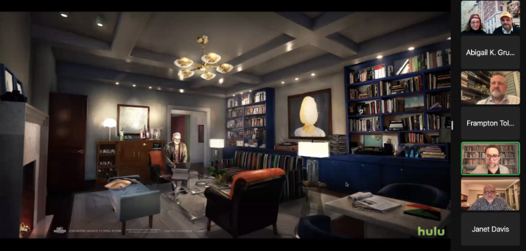 A rendering of Charles-Haden Savage’s apartment, including artwork by Alex Katz. Screenshot via Zoom