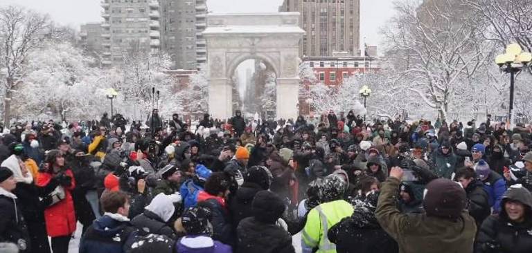 The social media site Sidetalk called for people to assemble in Washington Square Park on Feb 23 at 2 p.m. and eventually hundreds showed up.