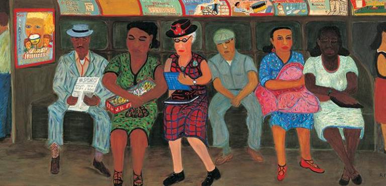 ⁠Subway Riders (detail); Ralph Fasanella; New York City; 1950; Oil on canvas; Gift of Ralph and Eva Fasanella, 1995.8.1.⁠