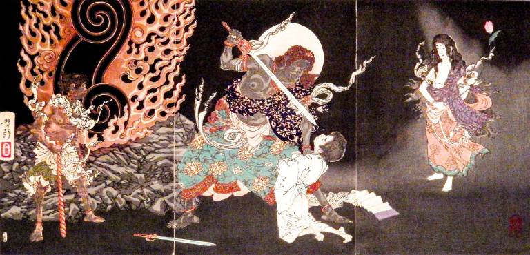 Tsukioka Yoshitoshi, one of the masters of Meiji woodblock prints, depicts a magical realm in "Fudo Myoo Threatening a Novice." Photo: Adel Gorgy