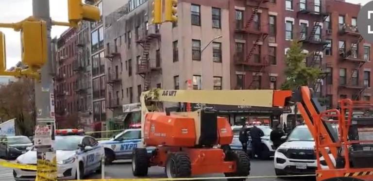 A 19 year old was killed when he was struck by a cherry picker said to be driven by his father that rolled over him in the East Village on the morning of Nov. 17. He was pronounced dead at the scene. Photo: Citizen app