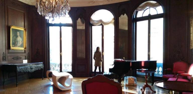 Inside view of the second-floor balcony of the American Irish Historical Society, across Fifth Avenue from the Metropolitan Museum.