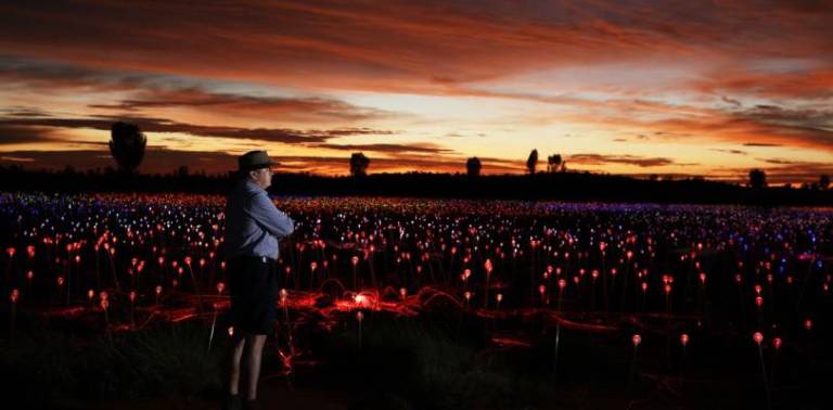 Bruce Munro created his first Field of Light while camping in the desert at Uluru with his wife Serena in the northern territories of Australia, 1,000 miles away from the nearest town. The creation launched him on a new career path. Photo: Field of Light/Bruce Munro