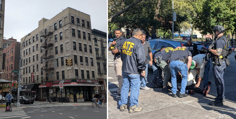 Left: Southeast corner of East Broadway and Clinton Streets; Right: ATF takedown at Canal and Forsyth streets, September 15, 2025.