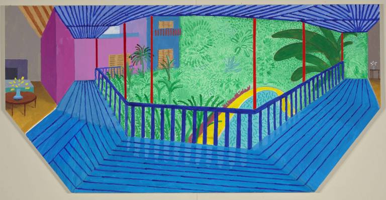 David Hockney, "A Bigger Interior with Blue Terrace and Garden." 2017, acrylic on canvas. Collection of the artist. © David Hockney. Photo: Richard Schmidt