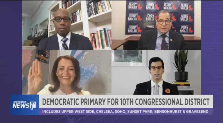 Screenshot of 10th Congressional district debate, with (clockwise from top left) moderator Errol Louis of NY1, Rep. Jerrold Nadler, Jonathan Herzog and Lindsey Boylan. Nadler claimed victory on election night; Boylan tweeted, “Who is served by your premature declaration of victory ... when most of your constituents votes have not been counted?”