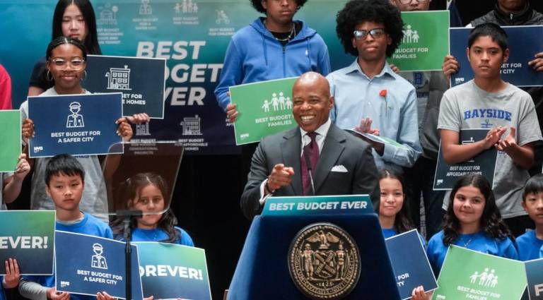 Eric Adams returned to his alma mater, Bayside High School in Queens, to deliver his 2026 budget proposal.