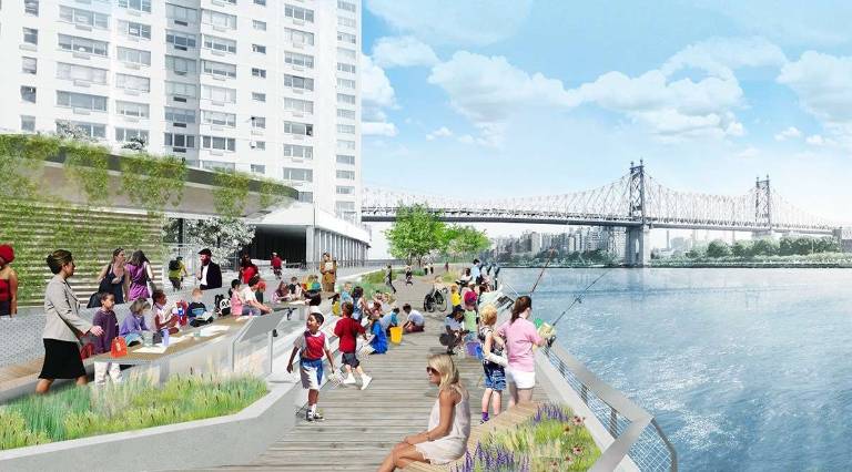 A rendering of the planned expansion of the East River Greenway between East 53rd Street and East 61st Street. Image courtesy of NYC Mayor’s Office