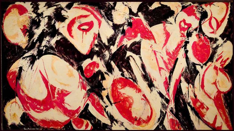 A close look at Lee Krasner's 10.5-foot oil on canvas “Gaea” (1966) reveals the sweeping gestures and the physical effort the artist employed. Photo: Adel