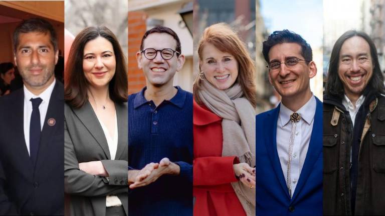 Six candidates are battling for the Assembly District 66 seat. The district covers much of downtown Manhattan, and the winner of the primary is almost assured of election in November. From left: Ahmad, Corinne Arnold, Ryder Kessler, Jeannine Kiely, David Siffert, and Ben Yee)
