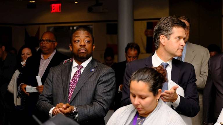 State Senator Brian Benjamin (center-left) and State Senator Brad Hoylman (right). Photo: Preston Ehrler/prestonehrler.com