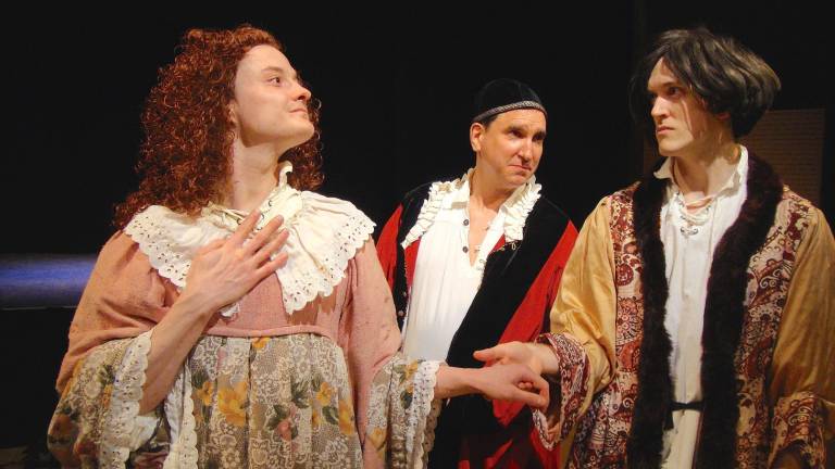 George K. Wells as Juliet, Nicholas Martin-Smith as the Prince and Christopher Moore as Romeo in Hudson Warehouse's &quot;The Complete Works of William Shakespeare (Abridged).&quot; Credit: Susane Lee