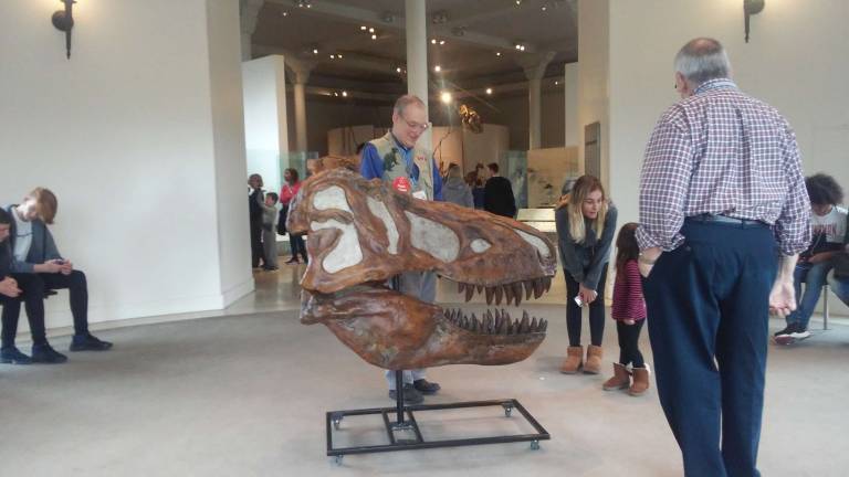 Visitors and fossil explainers with the replica of the T. rex skull. Photo: Teddy Son